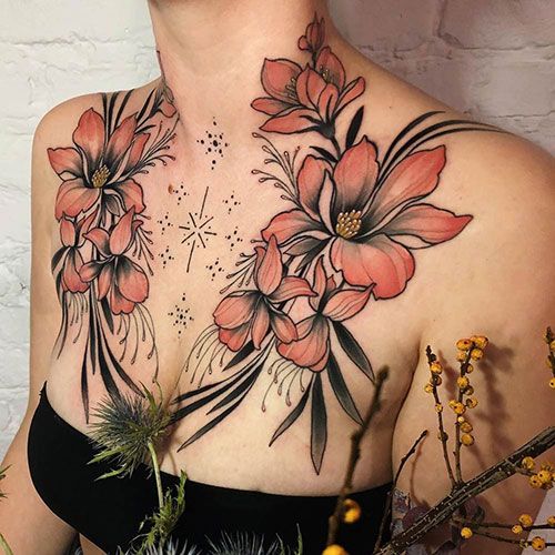 45 Cool Flower Chest Tattoo Images